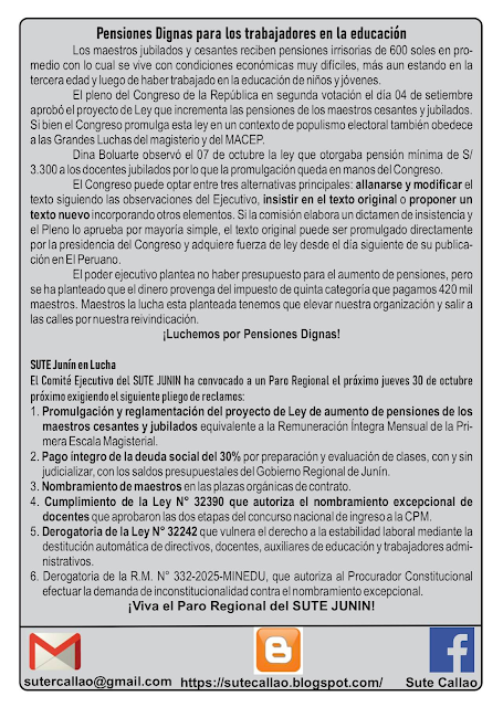 [Perú] El profesorado, organizado en el SUTE, convoca una huelga en Junin